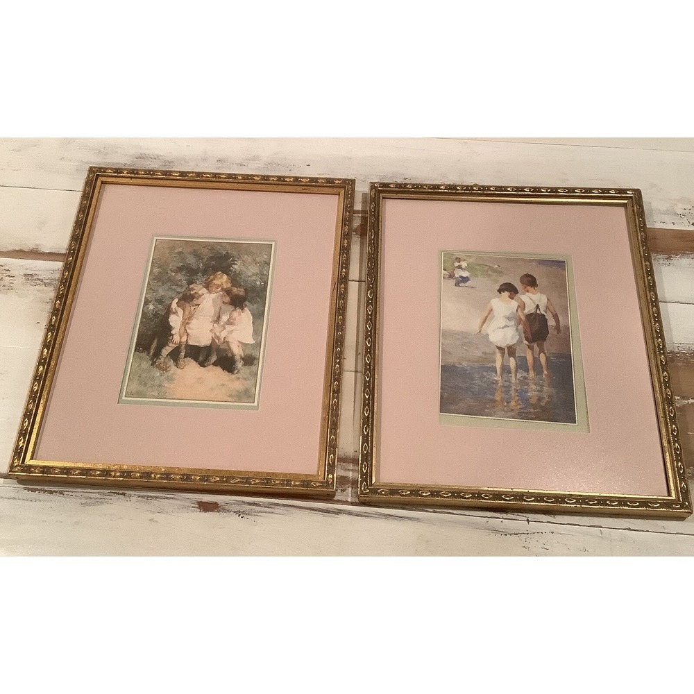 Children Playing 2 Prints Framed & Matted Cottage Nursery Bedroom